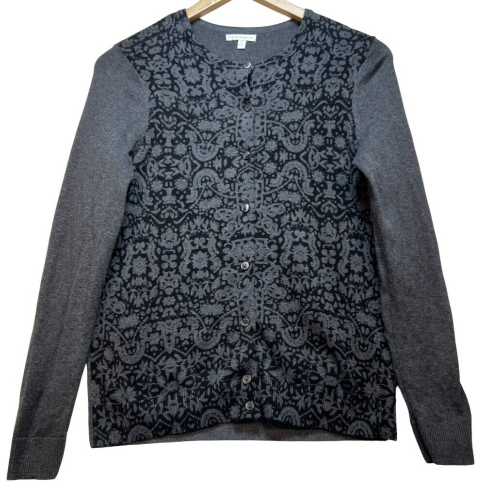 Croft & Barrow Women's Button Up Cardigan Long Sleeve Size S Gray Black Damask